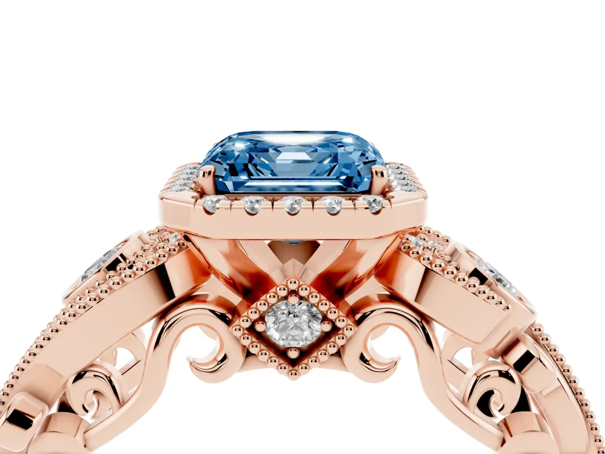 Fancy Blue Asscher Cut Diamond Halo Ring with Milgrain Pavé Band and Four-Prong Setting Rose gold