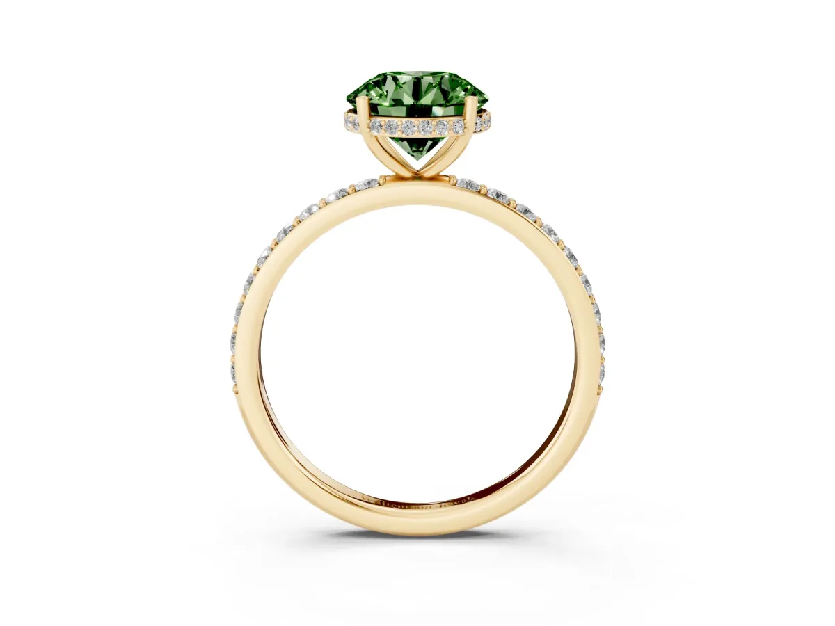 Fancy Green Round Cut Diamond Solitaire Ring with Pavé Band and Hidden Halo Yellow gold