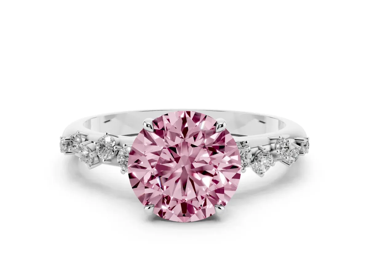 Fancy Pink Round Cut Diamond Cluster Prong-Set Solitaire Ring Silver