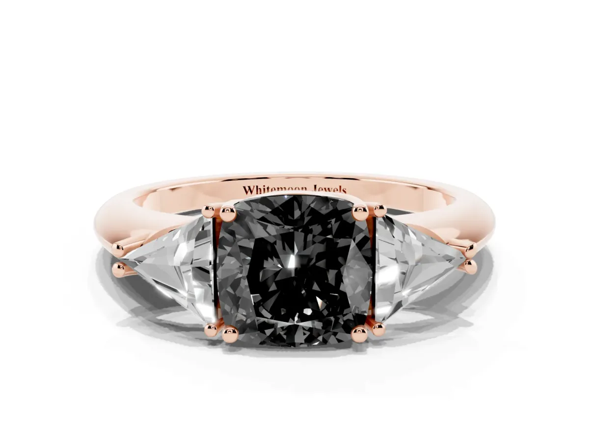Fancy Black Three-Stone Cushion Cut Diamond Engagement Ring with Trillion Side Stones and Prong Setting Rose gold