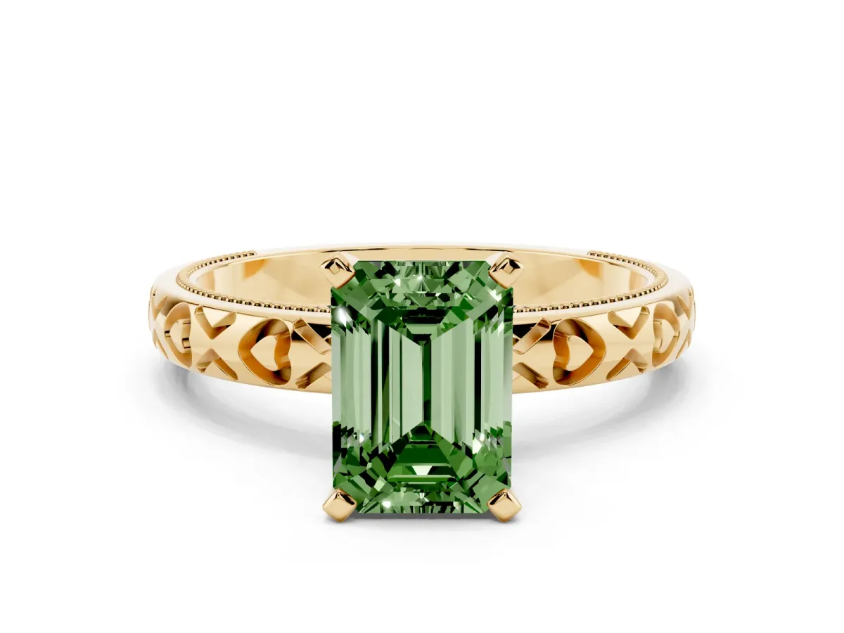 Fancy Green Emerald Cut Solitaire Diamond Engagement Ring with XO Engraved Band and Four-Prong Setting Yellow gold