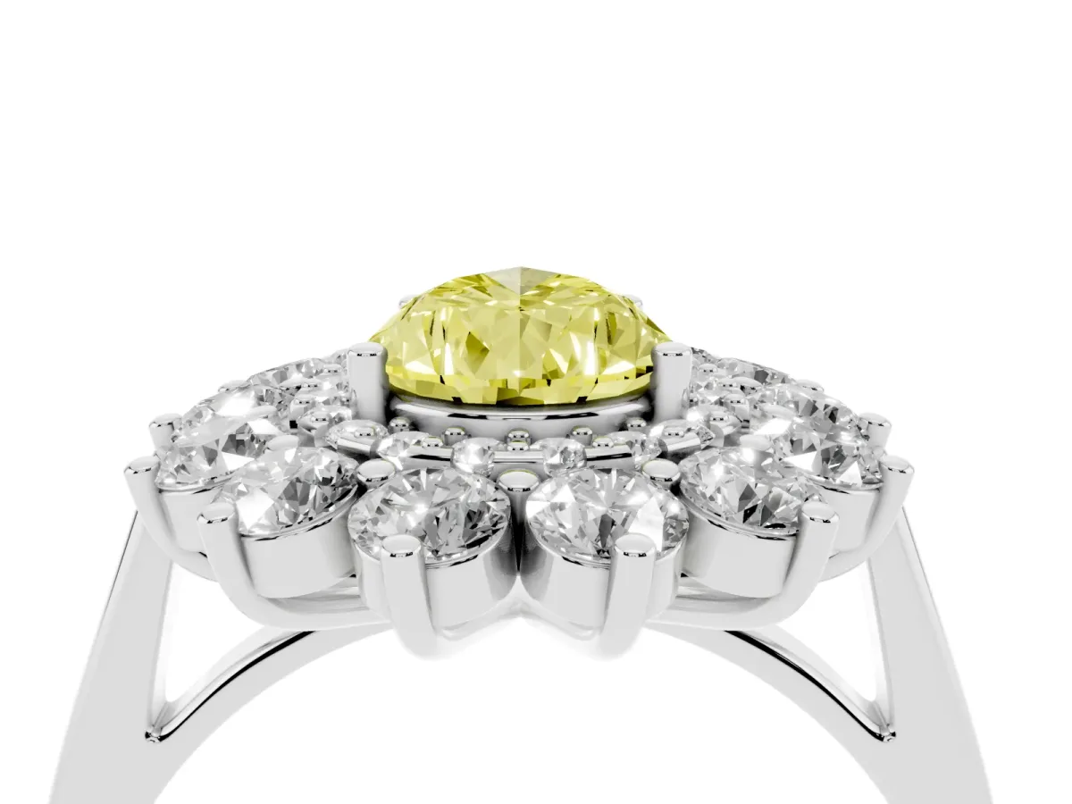 Fancy Yellow Pear Cut Diamond Floral Double Halo Engagement Ring with Prong Setting Silver