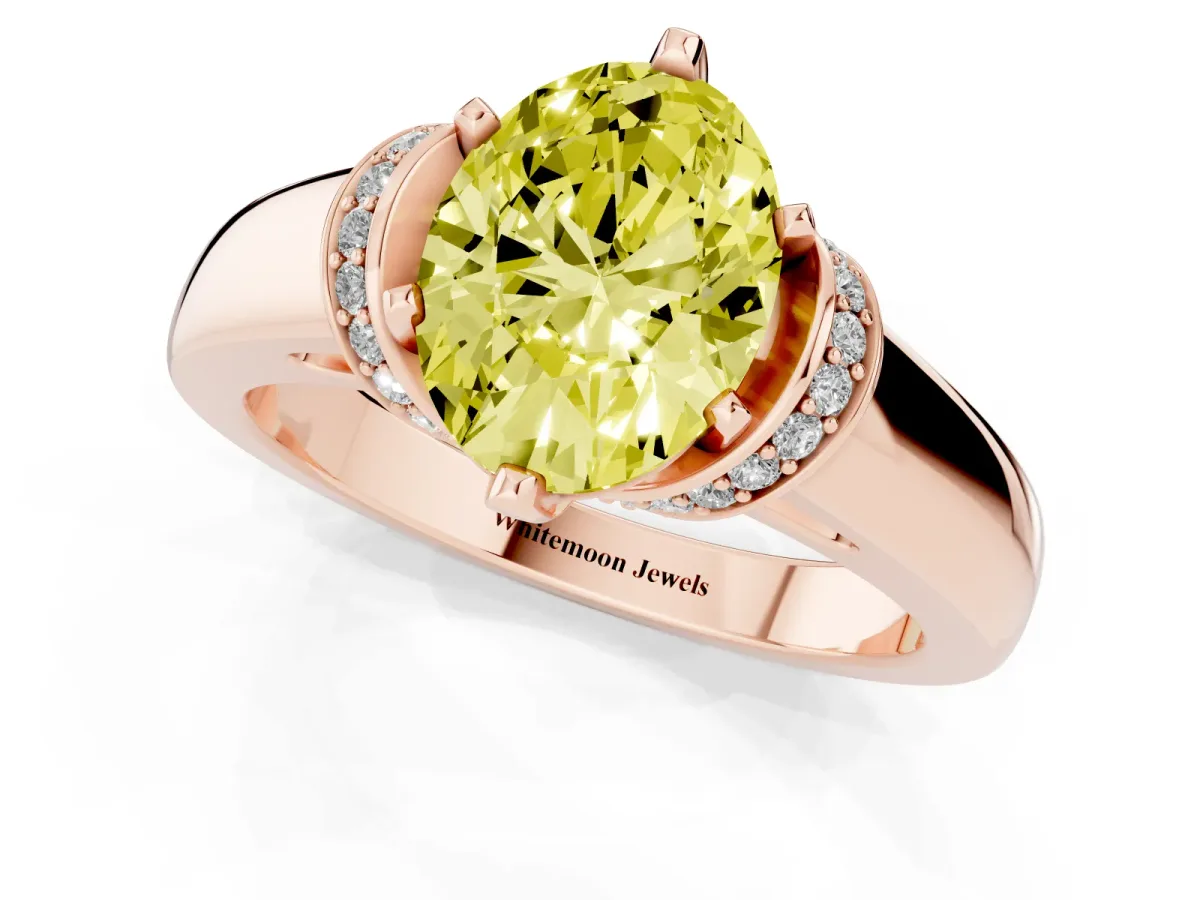 Fancy Yellow Oval Cut Solitaire Diamond Ring with Pave Band and Six-Prong Setting Rose gold