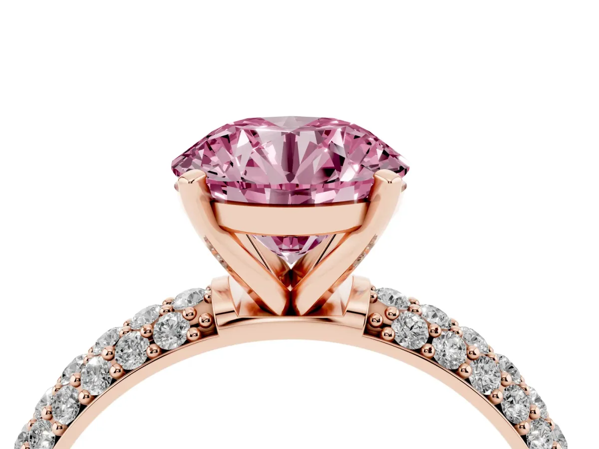 Fancy Pink Round Cut Diamond Solitaire Ring with Prong Setting and Pavé Band Rose gold