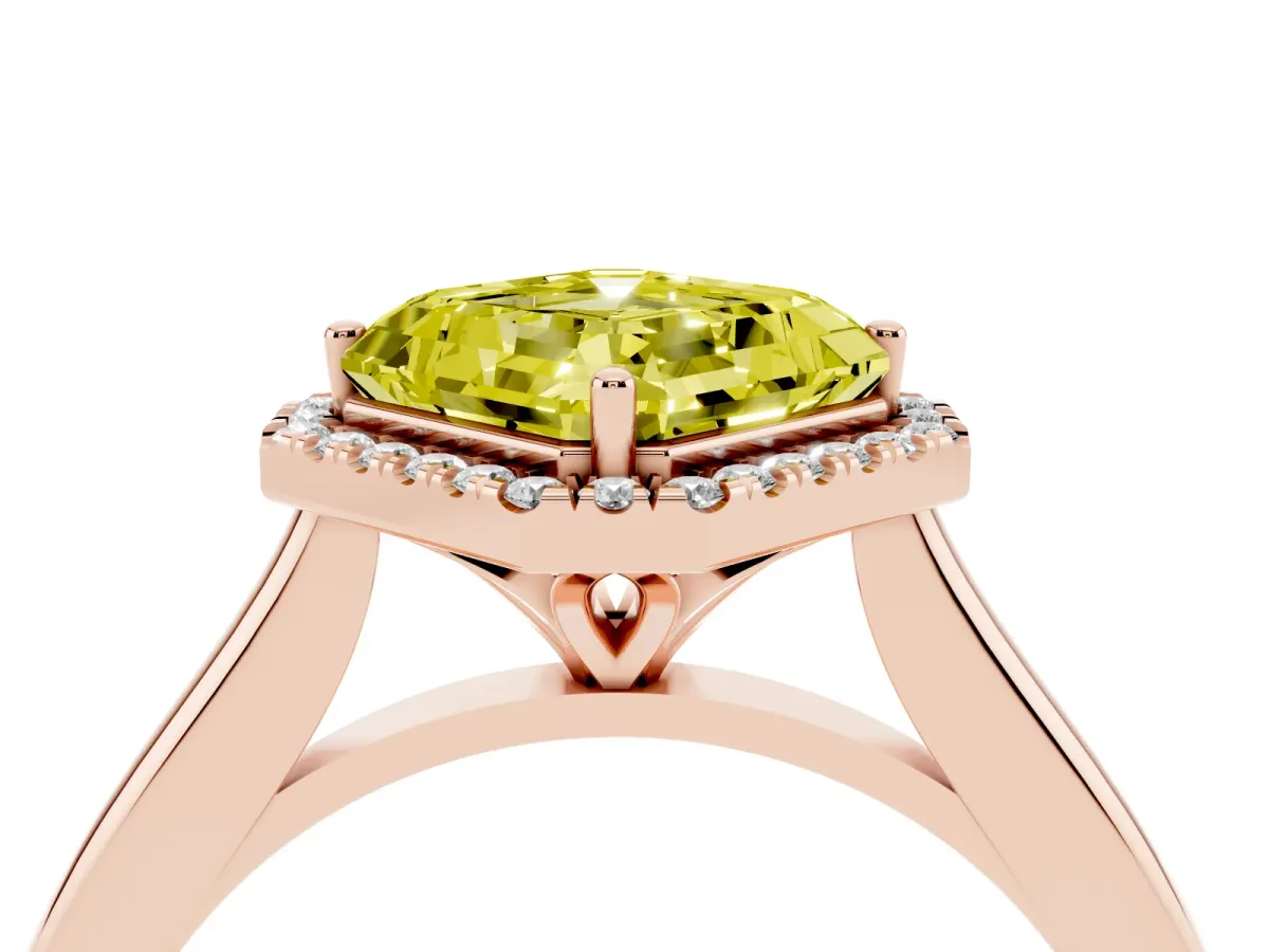 Fancy Yellow Asscher Cut Halo Round Diamond Solitaire Engagement Ring with Pave Band and Four-Prong Setting Rose gold