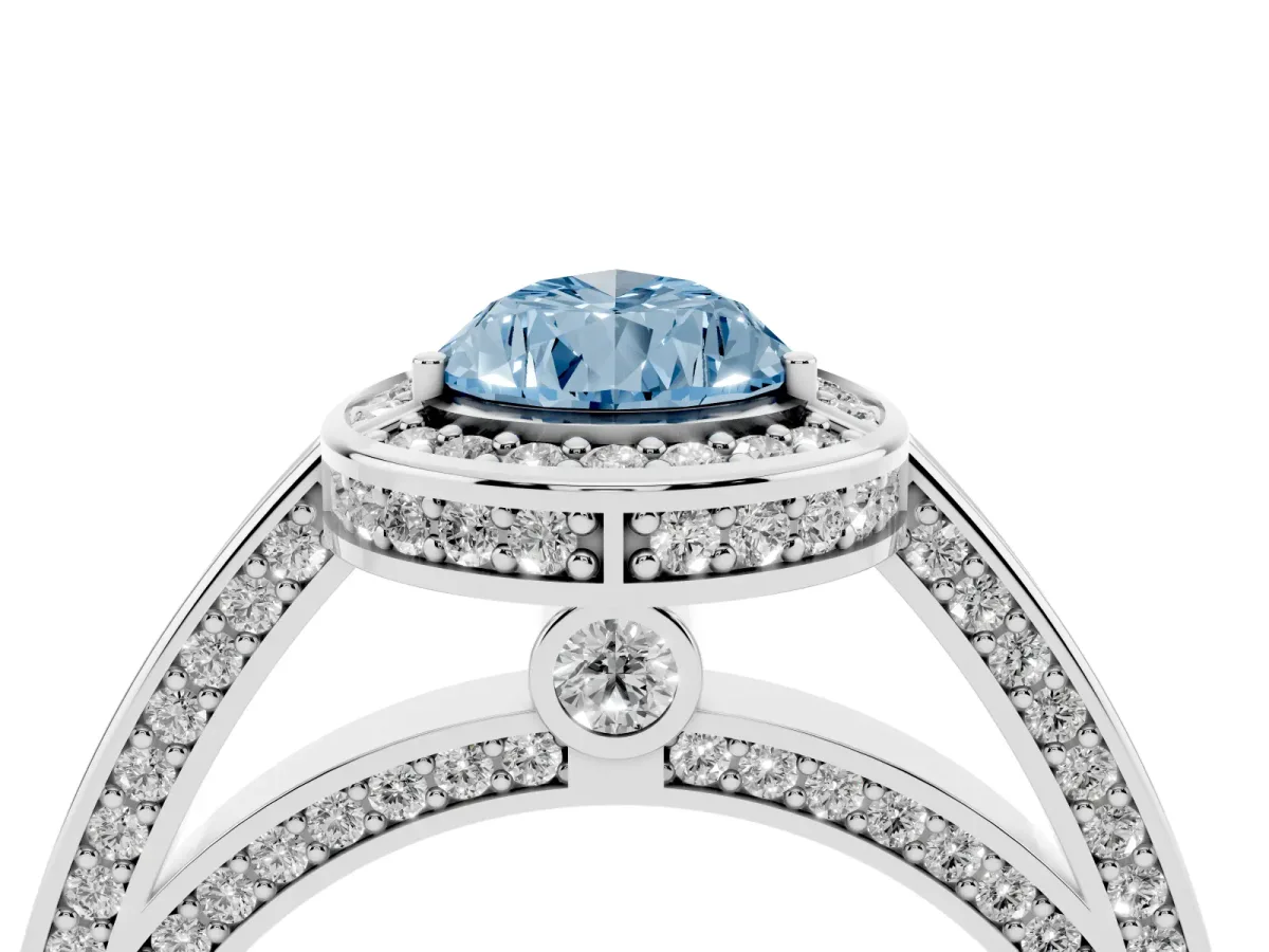 Fancy Blue Pear Cut Cut Halo Pave Split Shank Prong Setting Ring Platinum