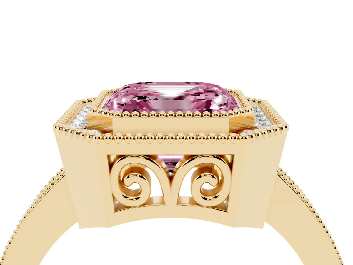 Fancy Pink Asscher Cut Cut Halo Diamond Ring with Pavé Band and Milgrain Prong Setting Yellow gold