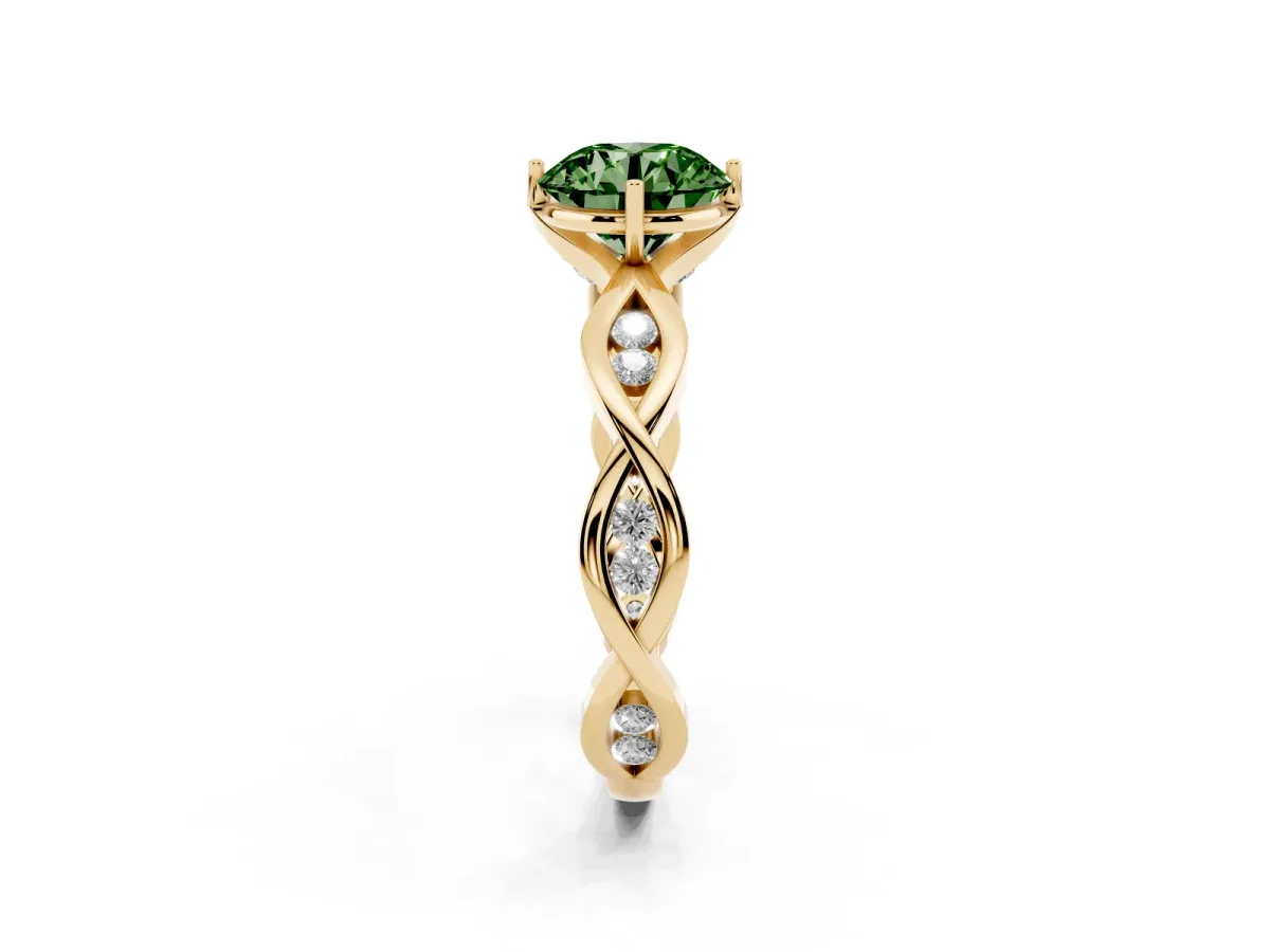 Fancy Green Round Cut Solitaire Twist Band with Leaf Prong Setting Yellow gold