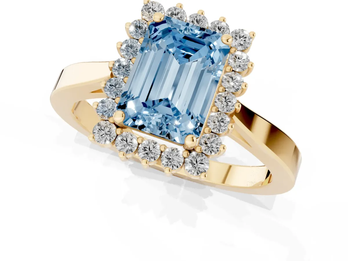 Fancy Blue Emerald Cut Cut Diamond Halo Ring with Round Brilliant Halo and Solitaire Band Yellow gold