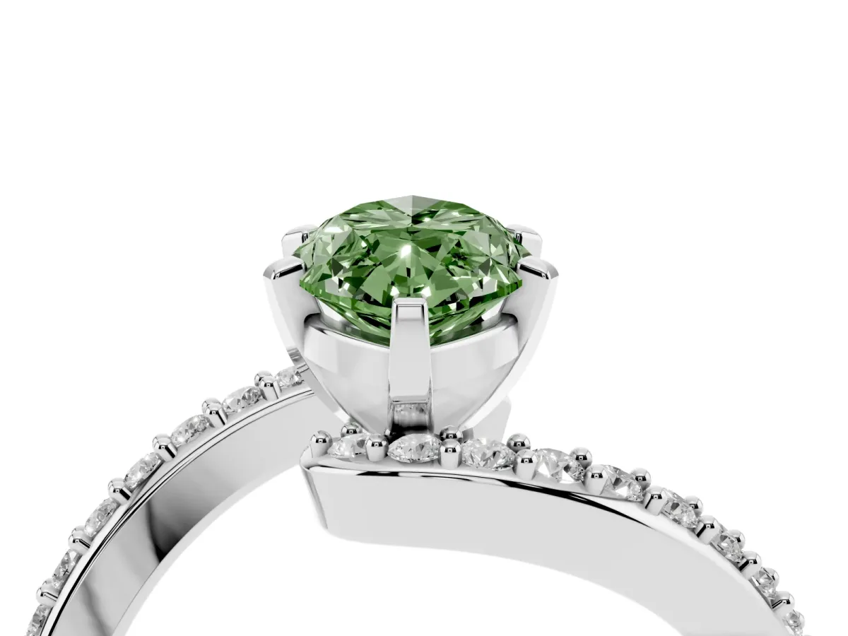 Fancy Green Marquise Cut Solitaire Twist Band with Pave Set Diamonds and Four-Prong Setting White gold