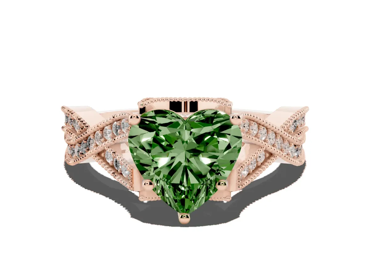 Fancy Green Heart Cut Cut Diamond Twisted Band with Milgrain Pave Setting and Four-Prong Setting Rose gold