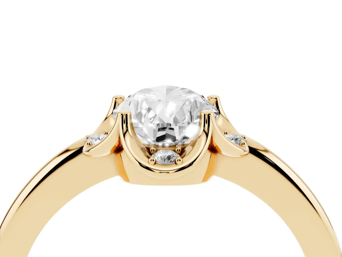 Pear Cut Halo Diamond Ring with Round Cluster Setting, Solitaire Band, and Four-Prong Setting Yellow gold