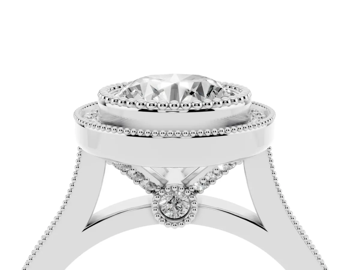 Round Cut Diamond Halo Ring with Milgrain Frame and Pavé Band Silver