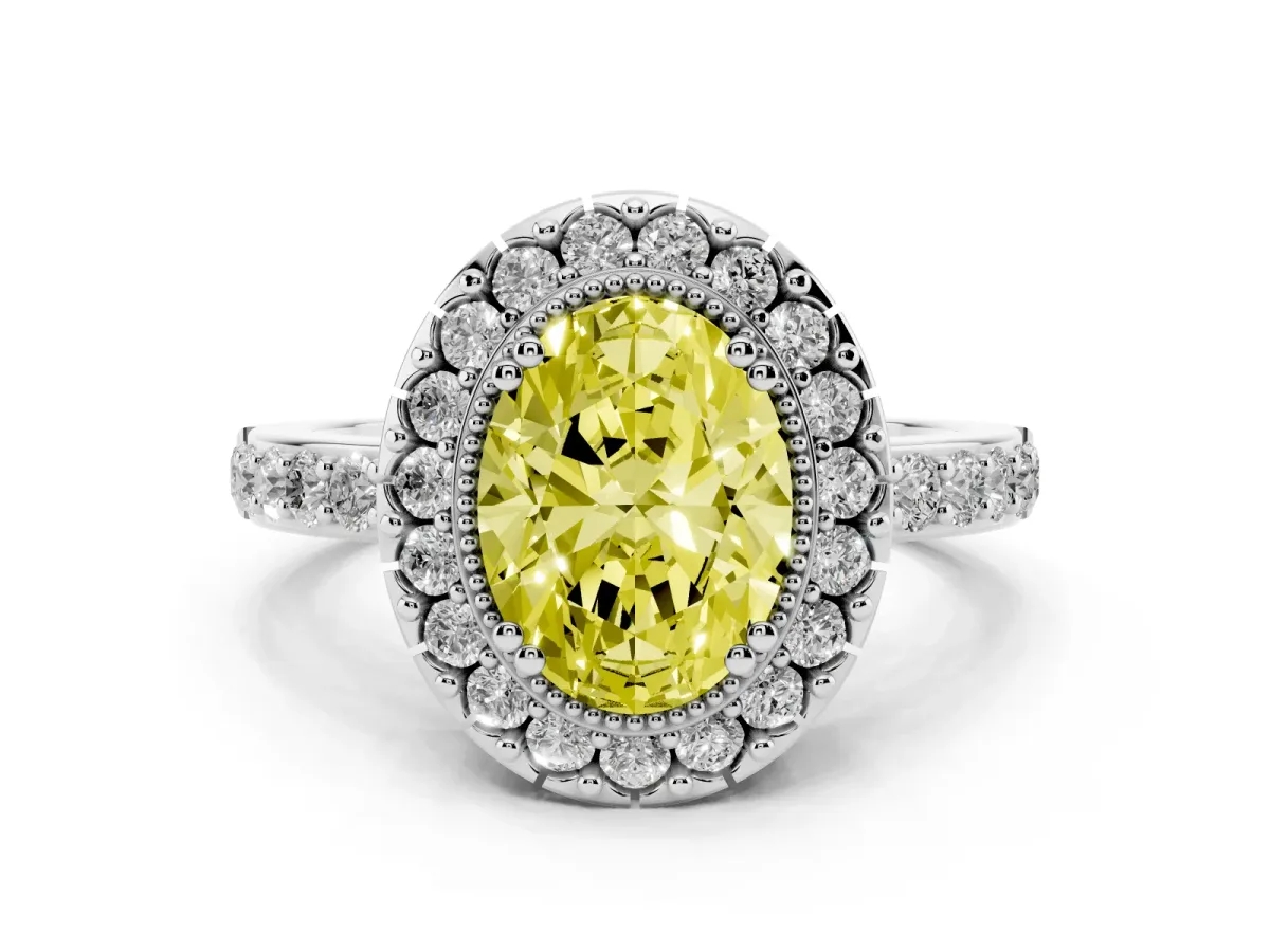 Fancy Yellow Oval Cut Diamond Halo Ring with Pavé Band and Prong Setting Silver