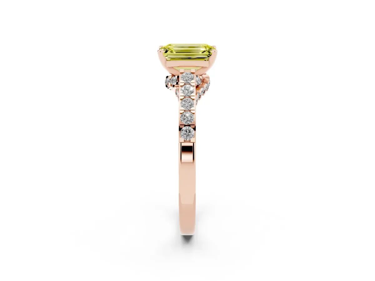 Fancy Yellow Emerald Cut Diamond Solitaire Ring with Crossover Gallery and Round Pavé Band Rose gold