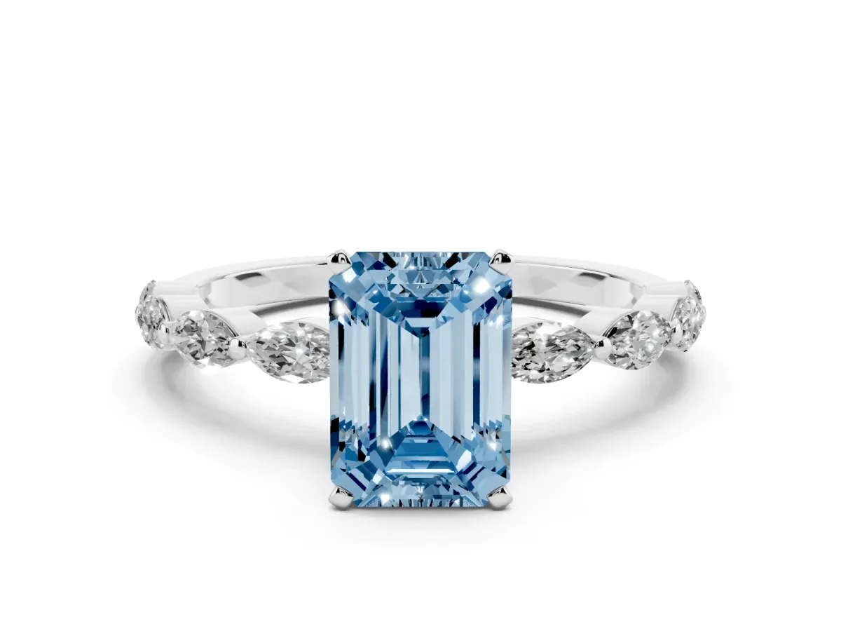Fancy Blue Emerald Cut Diamond Ring with Marquise Side Stones and Prong Setting Platinum