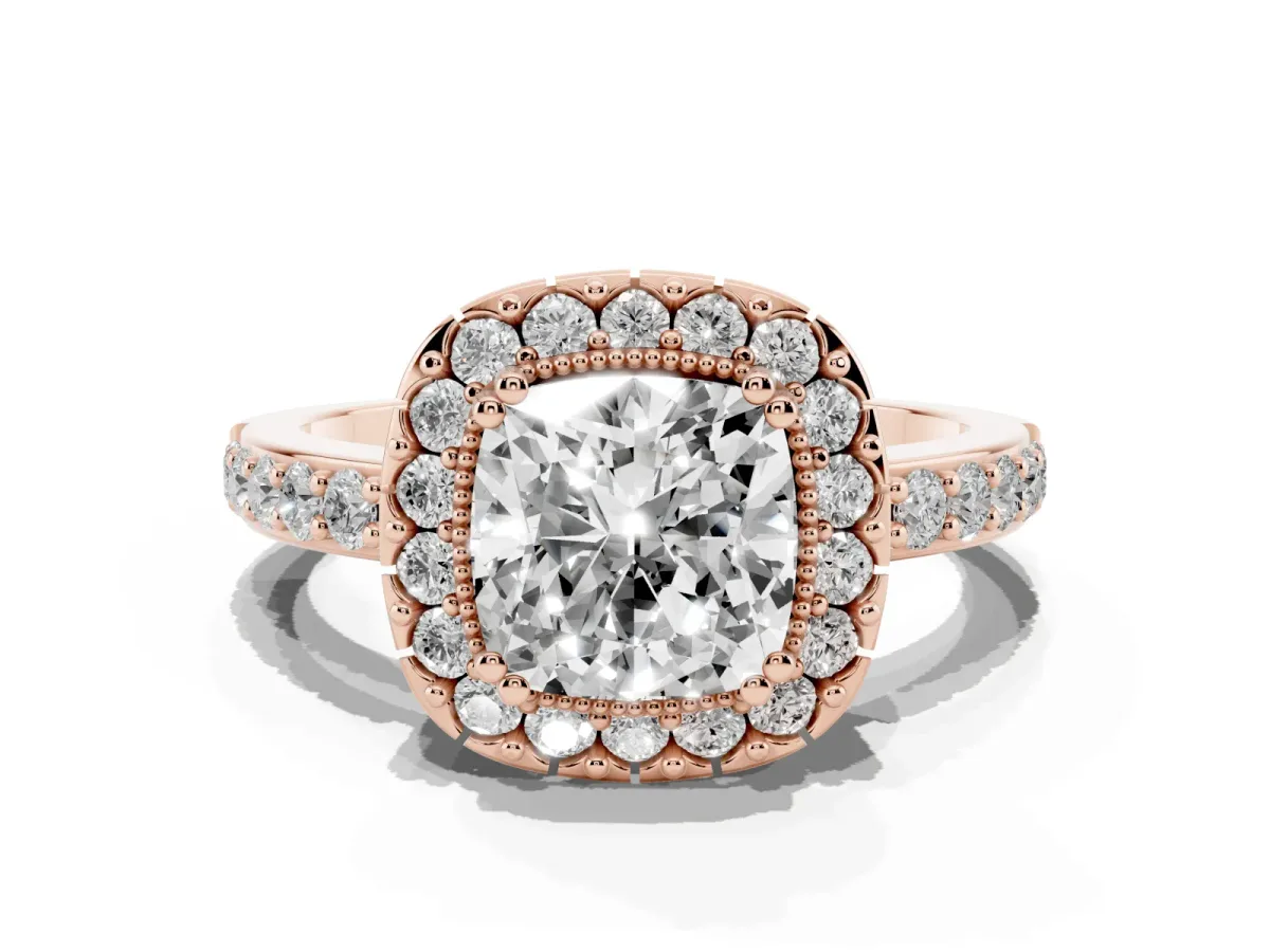 Cushion Cut Diamond Halo Ring with Pavé Band and Prong Setting Rose gold
