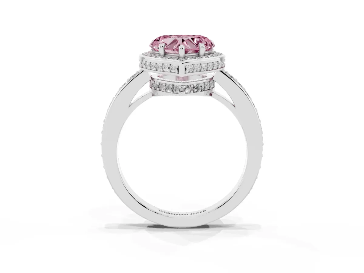 Fancy Pink Heart Cut Halo Pave Band Solitaire Ring with Prong Setting Silver