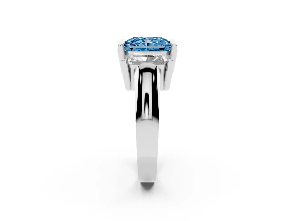 Fancy Blue Three Stone Radiant Cut Cut Channel Set Diamond Ring Silver