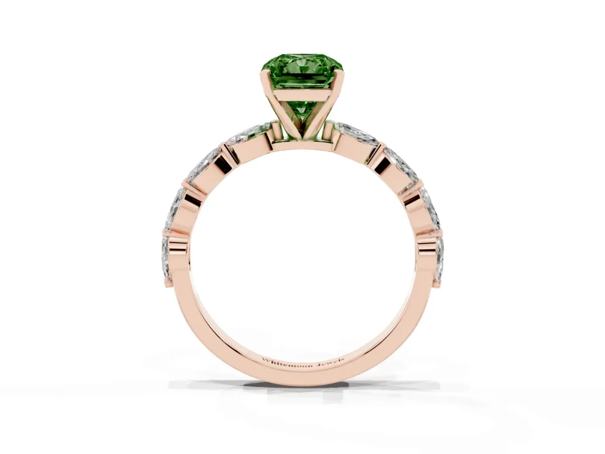 Fancy Green Radiant Cut Diamond Ring with Marquise Side Stones and Prong Setting Rose gold