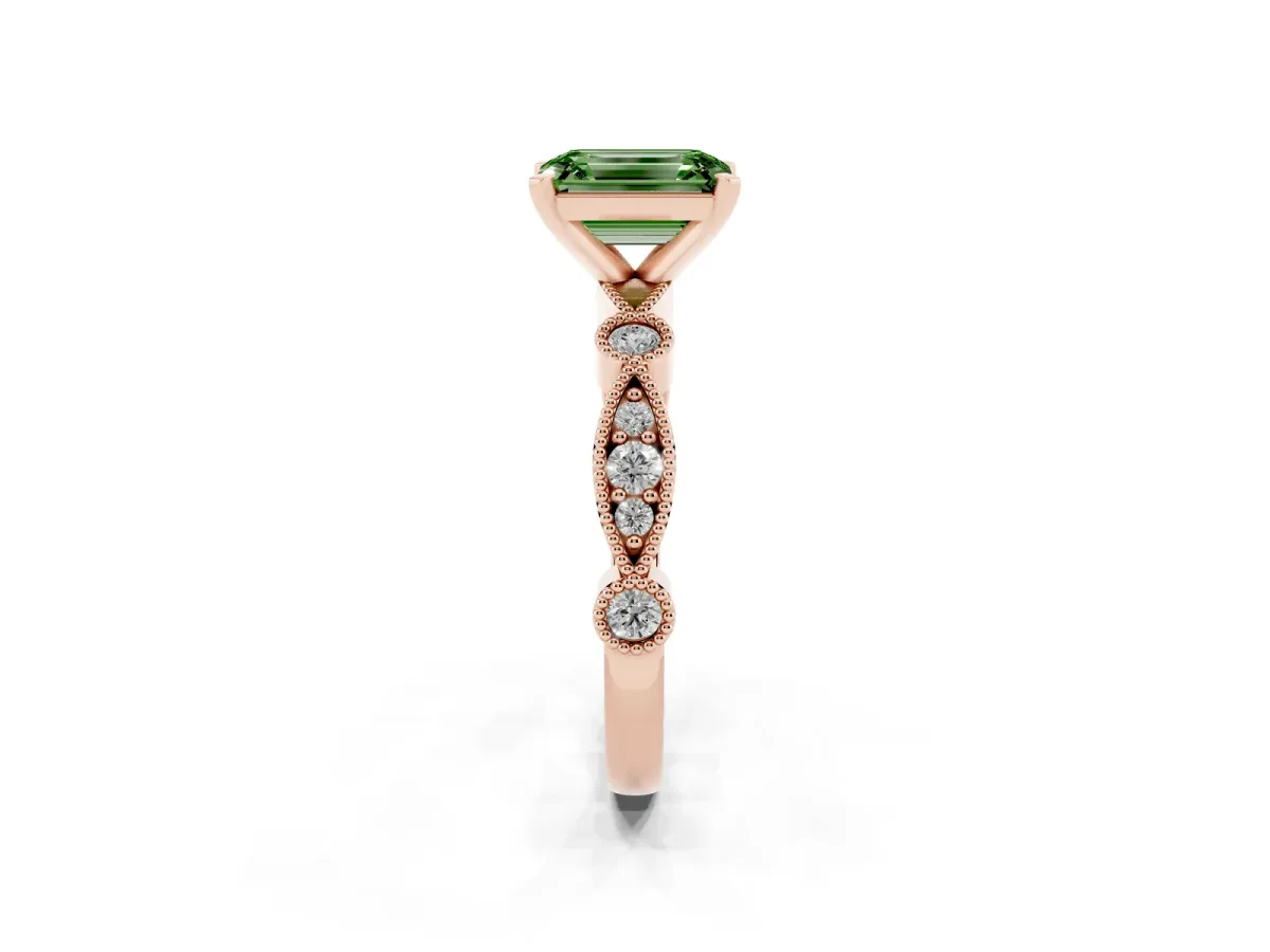 Fancy Green Emerald Cut Milgrain Bezel Diamond Engagement Ring with Solitaire Prong Setting Rose gold
