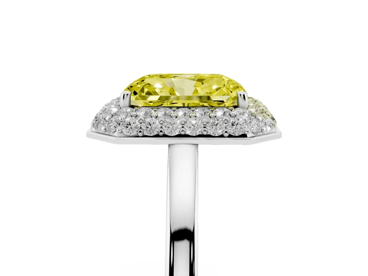 Fancy Yellow Radiant Cut Halo Diamond Engagement Ring with Solitaire Band and Four-Prong Setting Silver