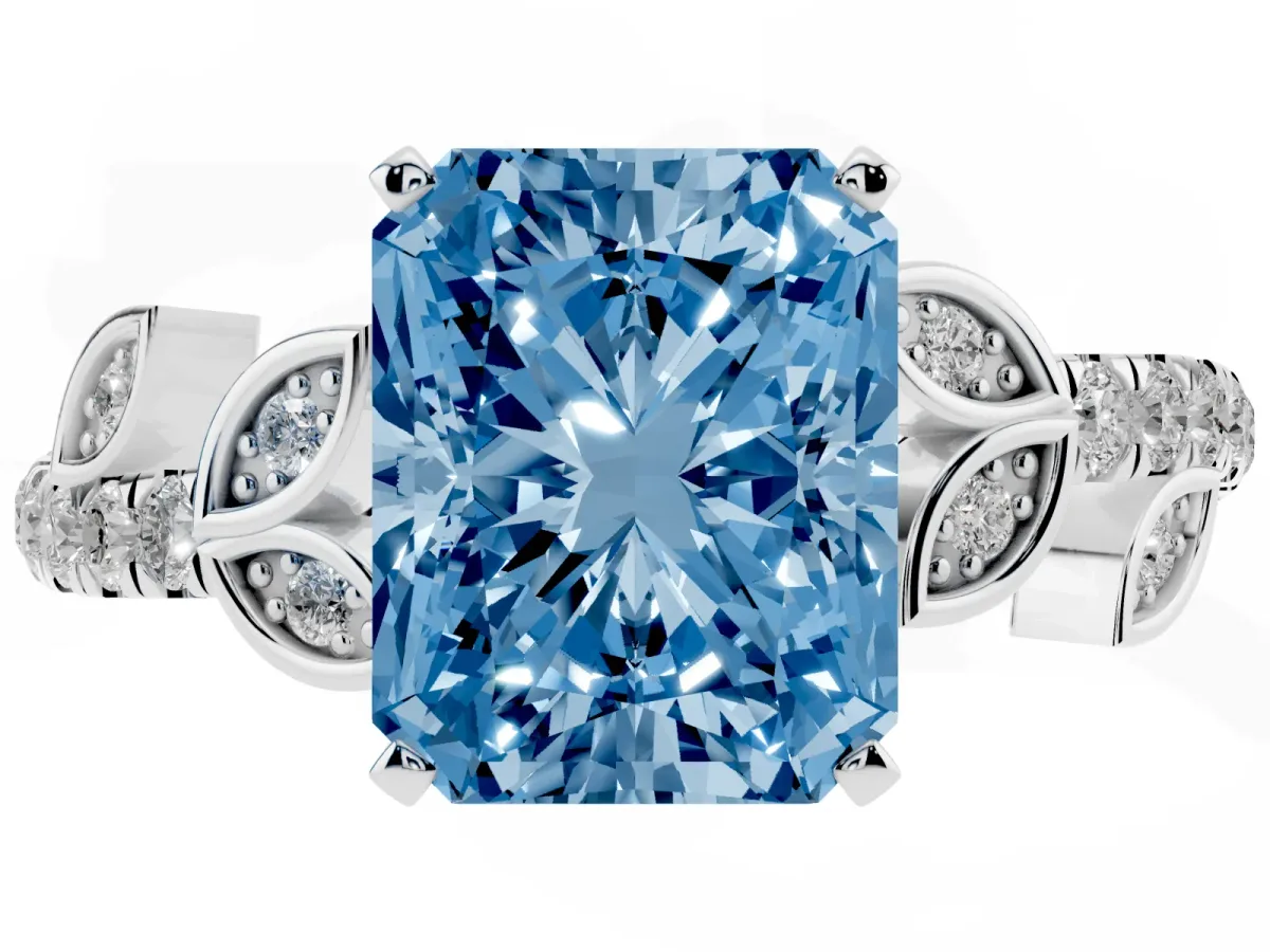 Fancy Blue Radiant Cut Solitaire Leaf-Inspired Diamond Ring with Pavé Band and Four-Prong Setting Silver