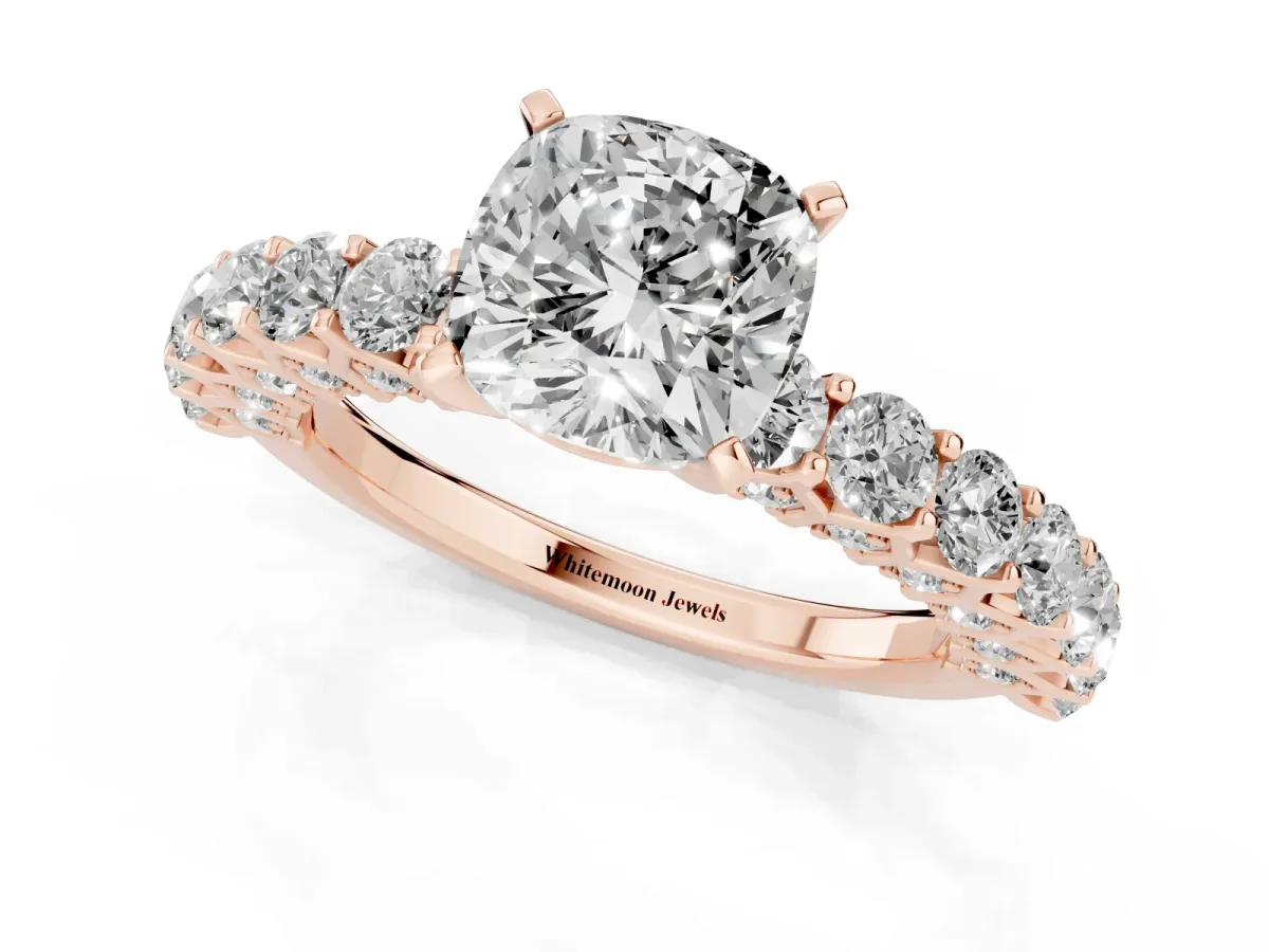 Cushion Cut Diamond Solitaire Ring with Shared Prong Pavé Band and Four-Prong Setting Rose gold