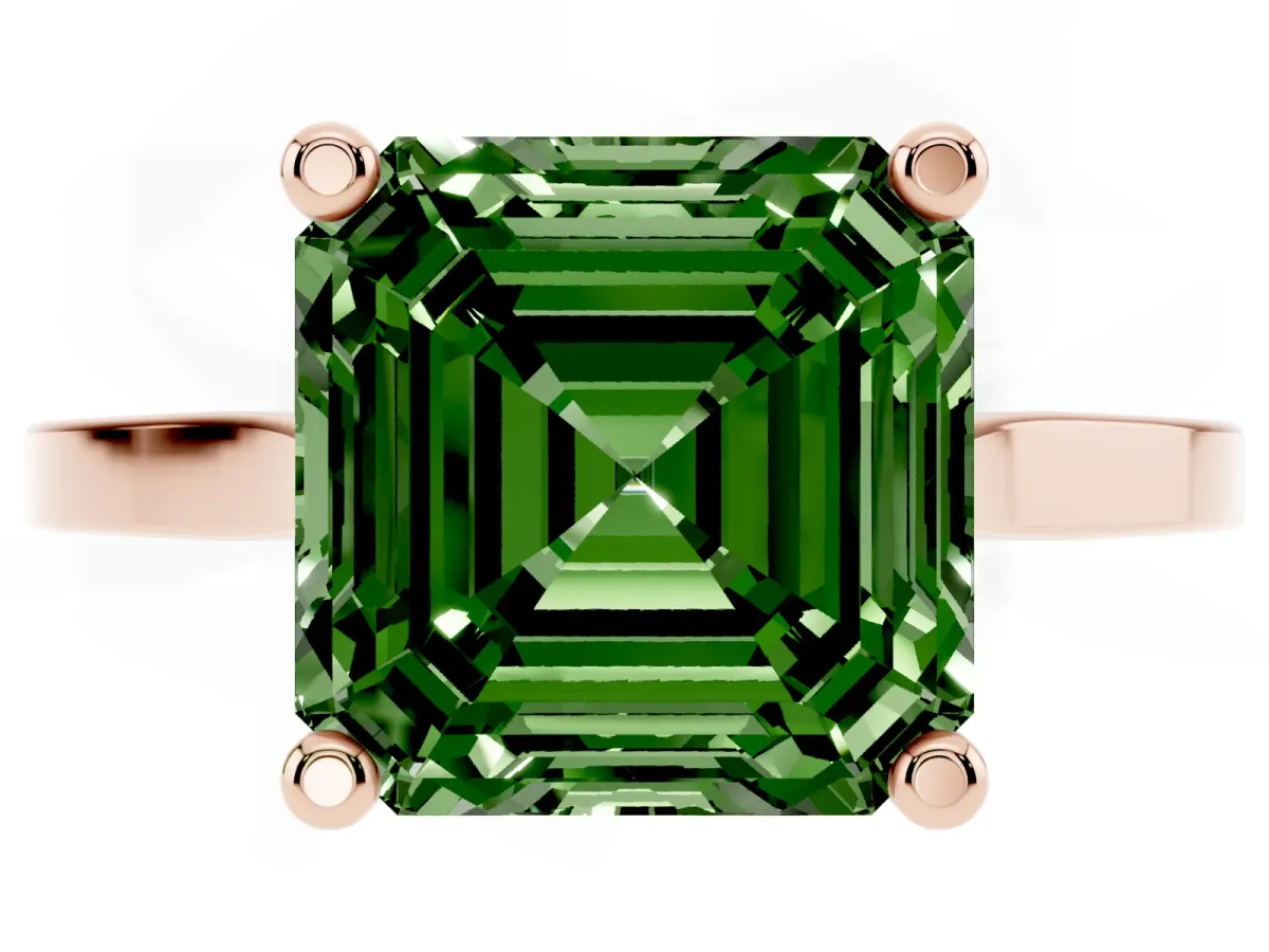 Fancy Green Asscher Cut Solitaire Diamond Ring with Four-Prong Setting and Tapered Band Rose gold