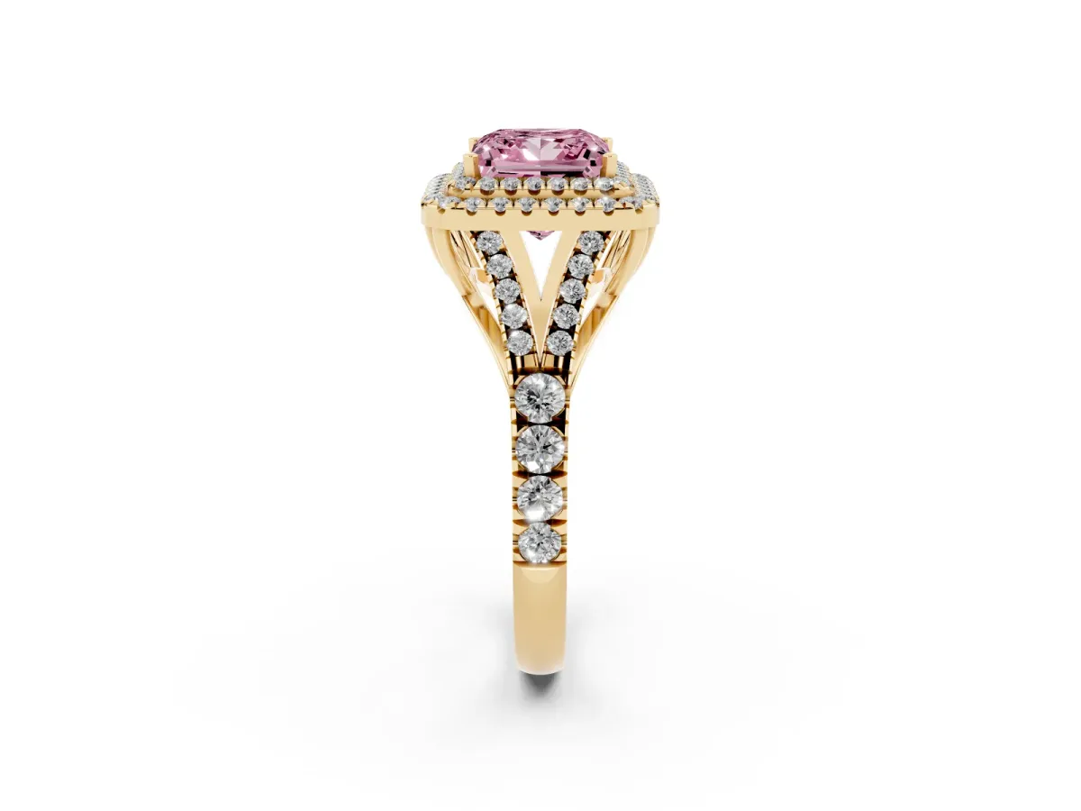 Fancy Pink Princess Cut Diamond Pavé Split Shank Double Halo Engagement Ring Yellow gold