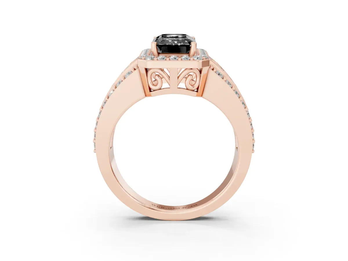Fancy Black Emerald Cut Halo Diamond Ring with Round Split Shank and Prong Setting Rose gold