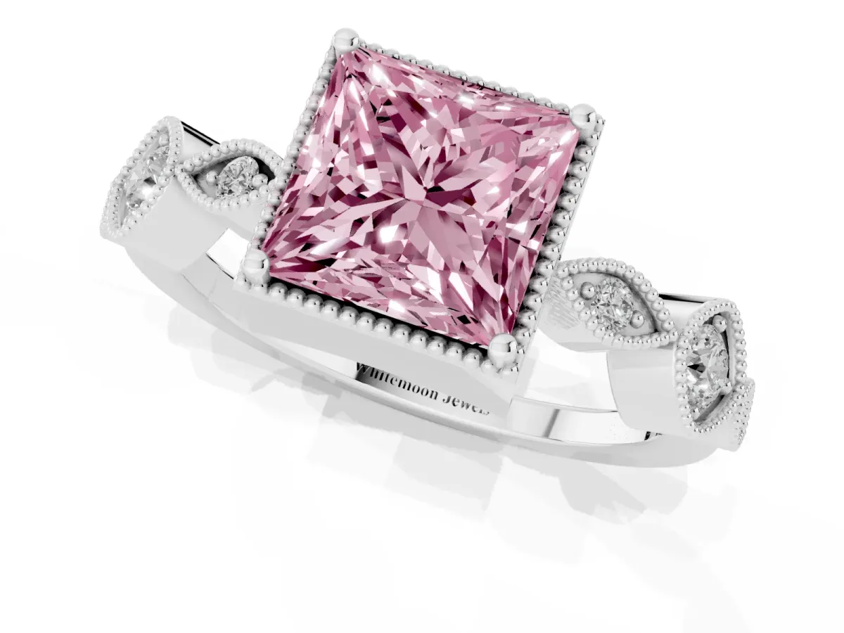 Fancy Pink Princess Cut Diamond Vintage Milgrain Ring with Round Stations Silver
