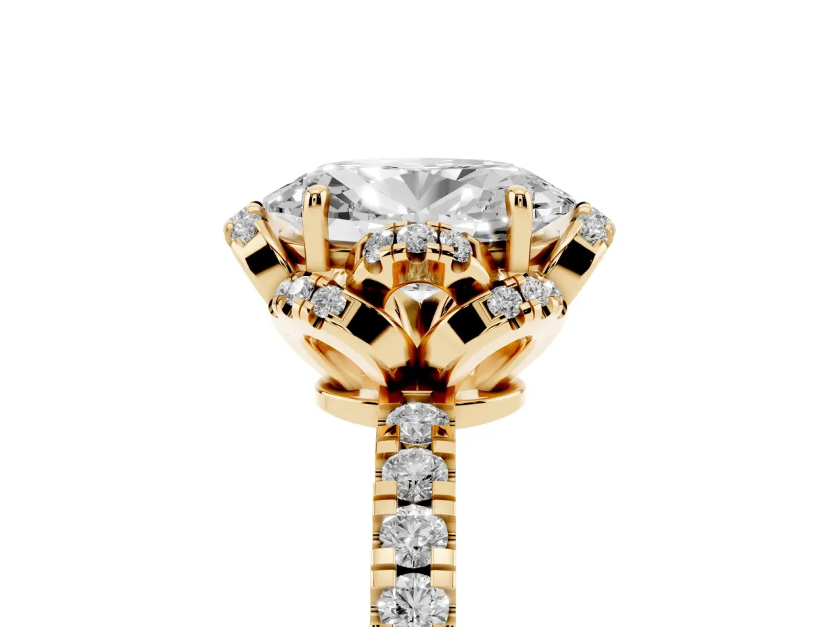 Oval Cut Diamond Halo Pave Band with Four-Prong Setting Yellow gold