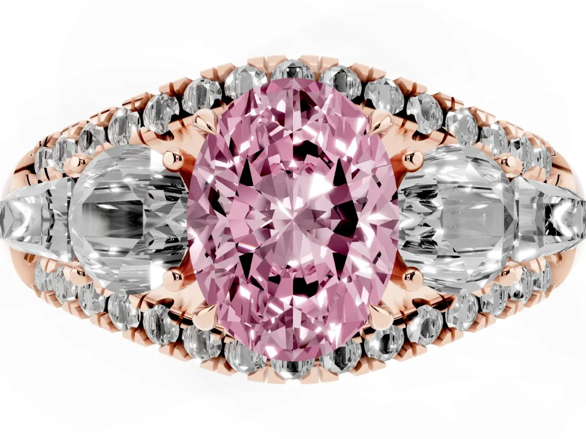 Fancy Pink Three-Stone Oval Cut Diamond Engagement Ring with Pave Band and Prong Setting Rose gold