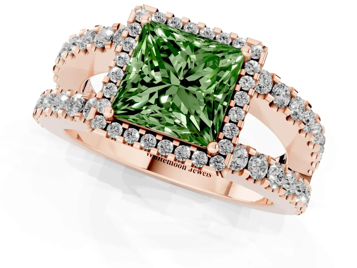 Fancy Green Princess Cut Cut Halo Split Shank Diamond Ring with Four-Prong Setting Rose gold