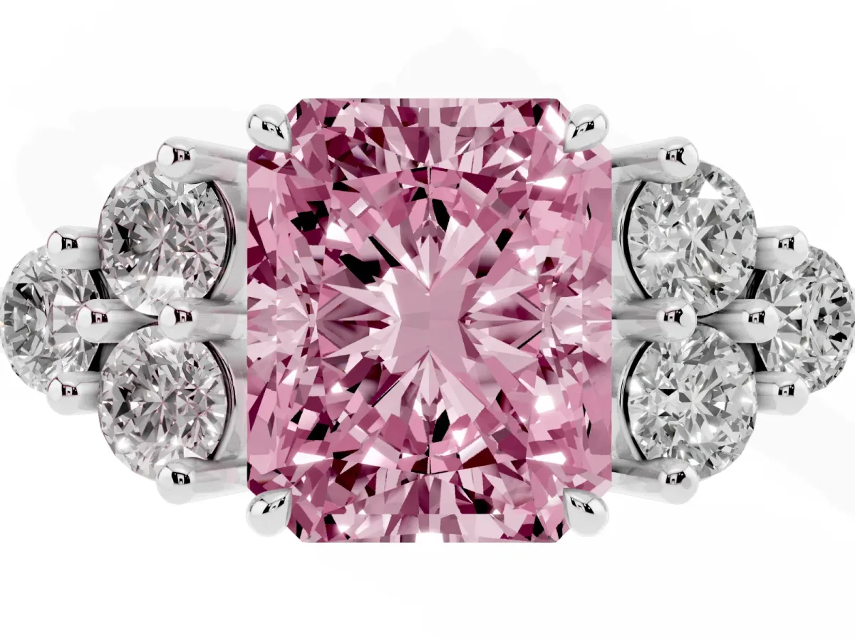 Fancy Pink Radiant Cut Brilliant Diamond Cluster Accent Solitaire Ring with Prong Setting Silver