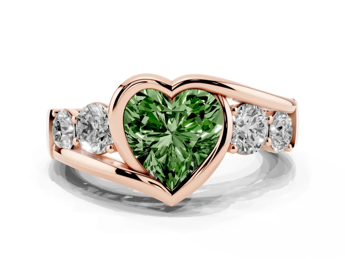 Fancy Green Bezel Set Heart Cut Diamond Bypass Ring with Round Accents Rose gold