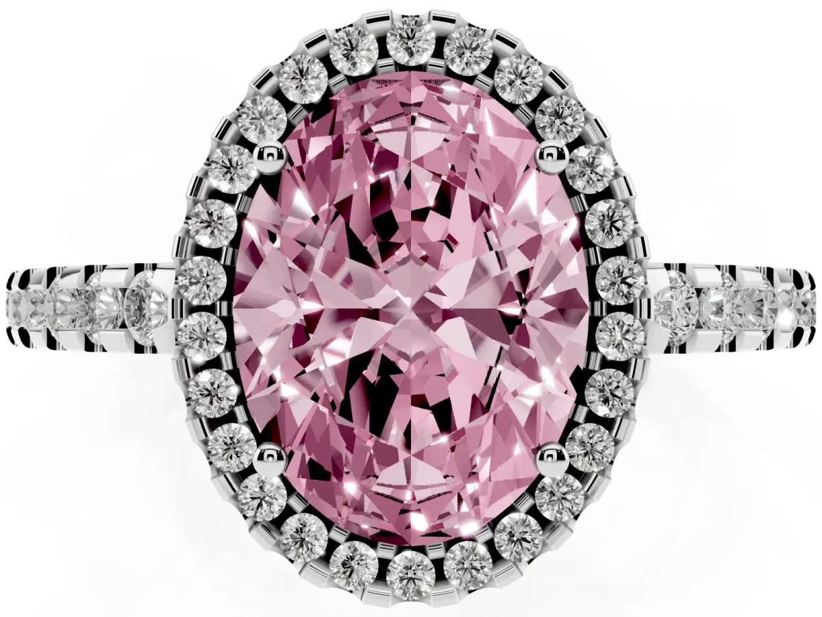Fancy Pink Oval Cut Diamond Halo Engagement Ring with Pavé Band and Prong Setting Platinum