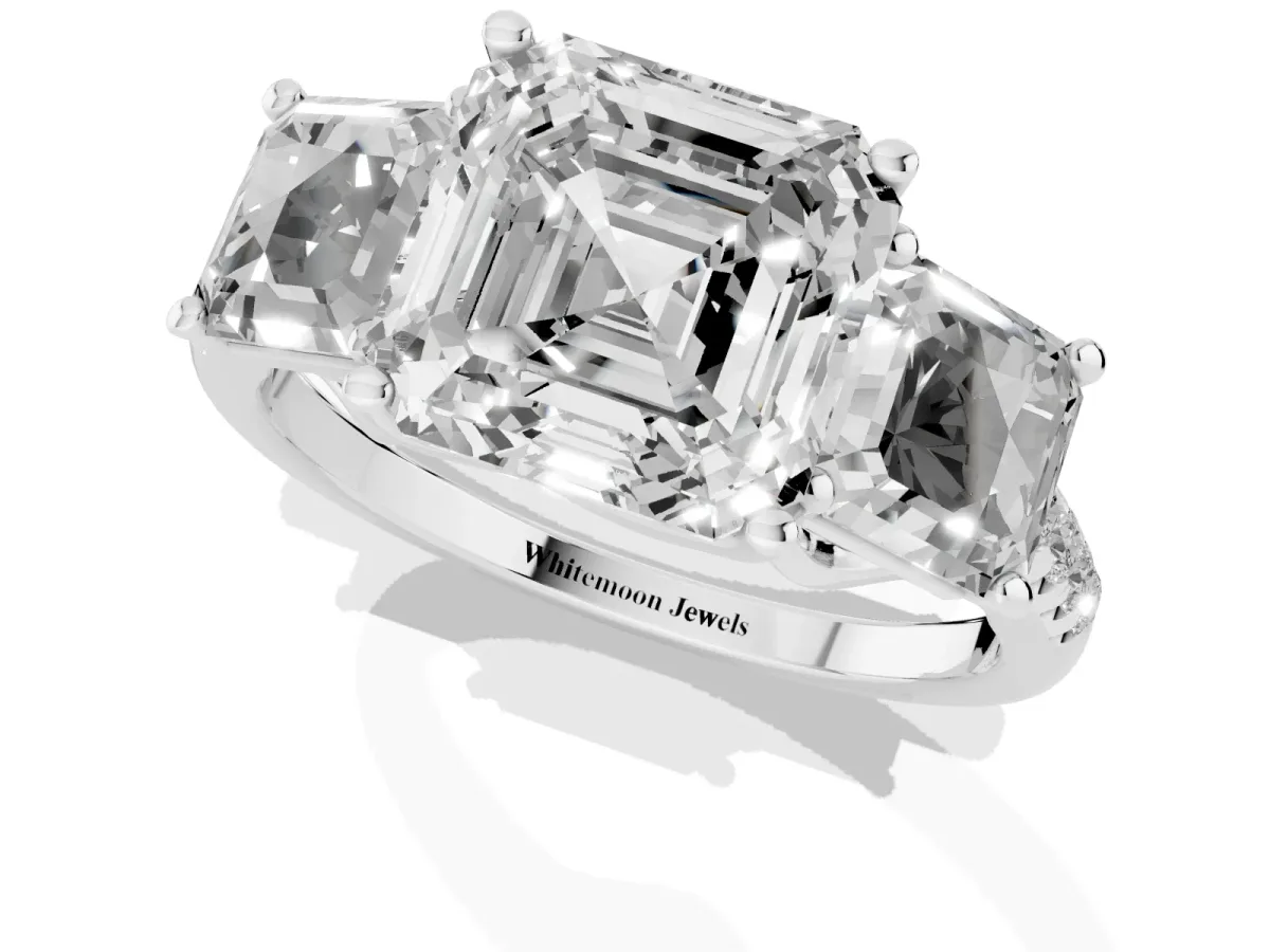 Three-Stone Asscher Cut Diamond Ring with Round Pavé Band and Prong Setting Silver