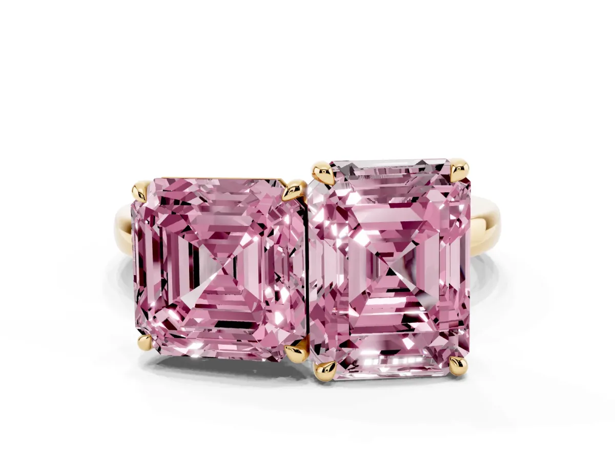 Fancy Pink Asscher Cut and Emerald Cut Toi Moi Ring with Prong Setting Yellow gold