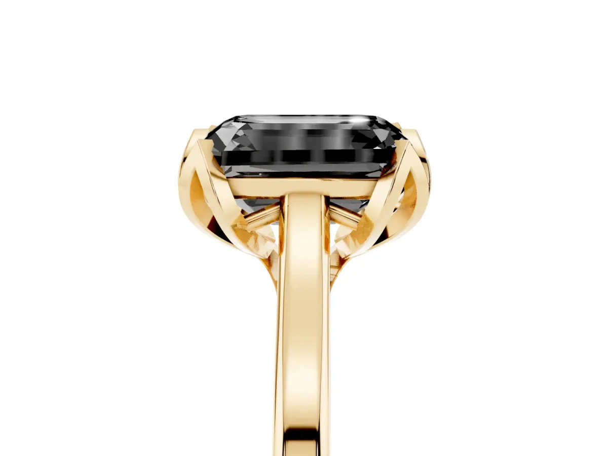 Fancy Black Emerald Cut Diamond Solitaire Ring with Flower Prong Setting and Classic Band Yellow gold