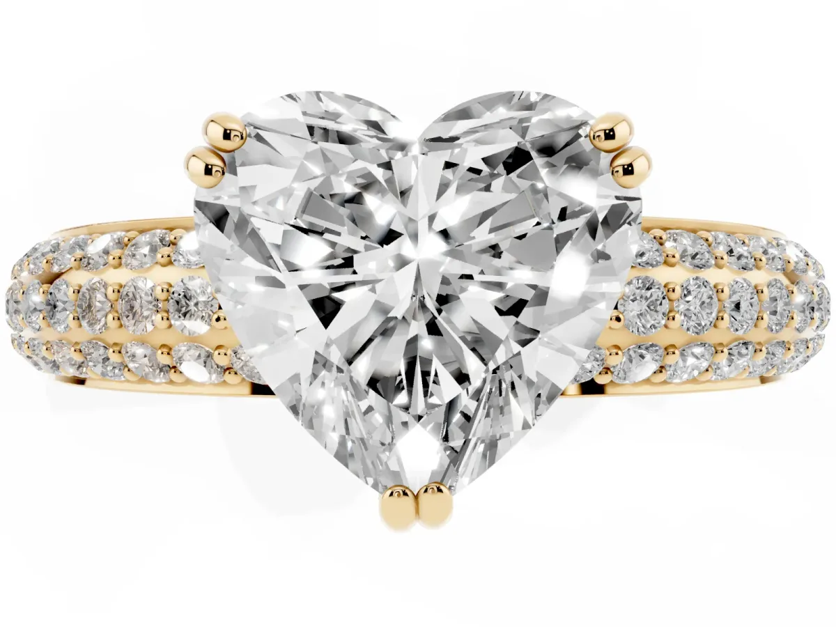 Heart Cut Diamond Solitaire Ring with Multi-Row Round Pavé Band and Prong Setting Yellow gold