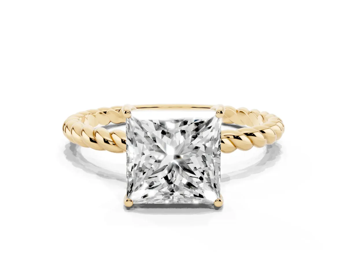 Princess Cut Solitaire Twisted Band 4-Prong Ring Yellow gold