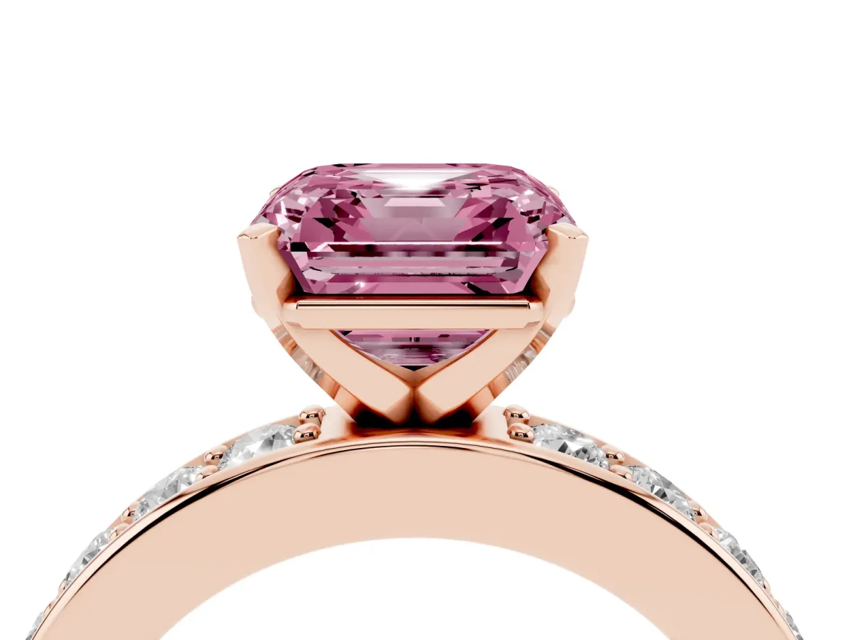 Fancy Pink Asscher Cut Diamond Engagement Ring with Channel Set Round Band and Prong Setting Rose gold