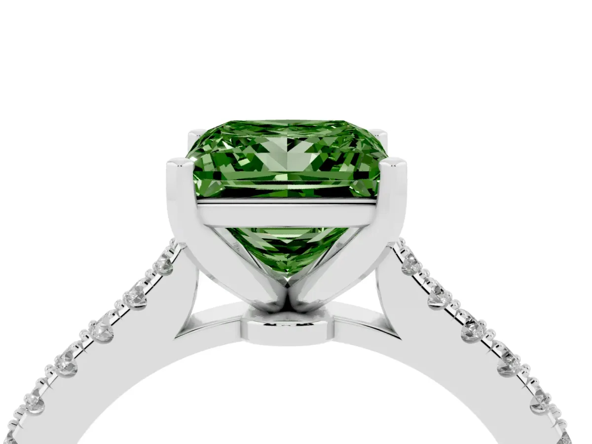 Fancy Green Princess Cut Cut Solitaire Diamond Engagement Ring with Pave Band and Four-Prong Setting Platinum