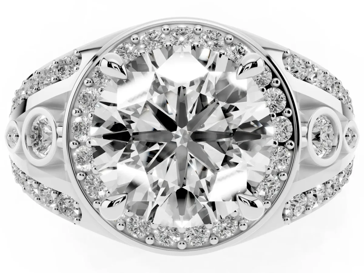Round Cut Diamond Halo Ring with Split Shank and Bezel Accents and Four-Prong Setting Platinum