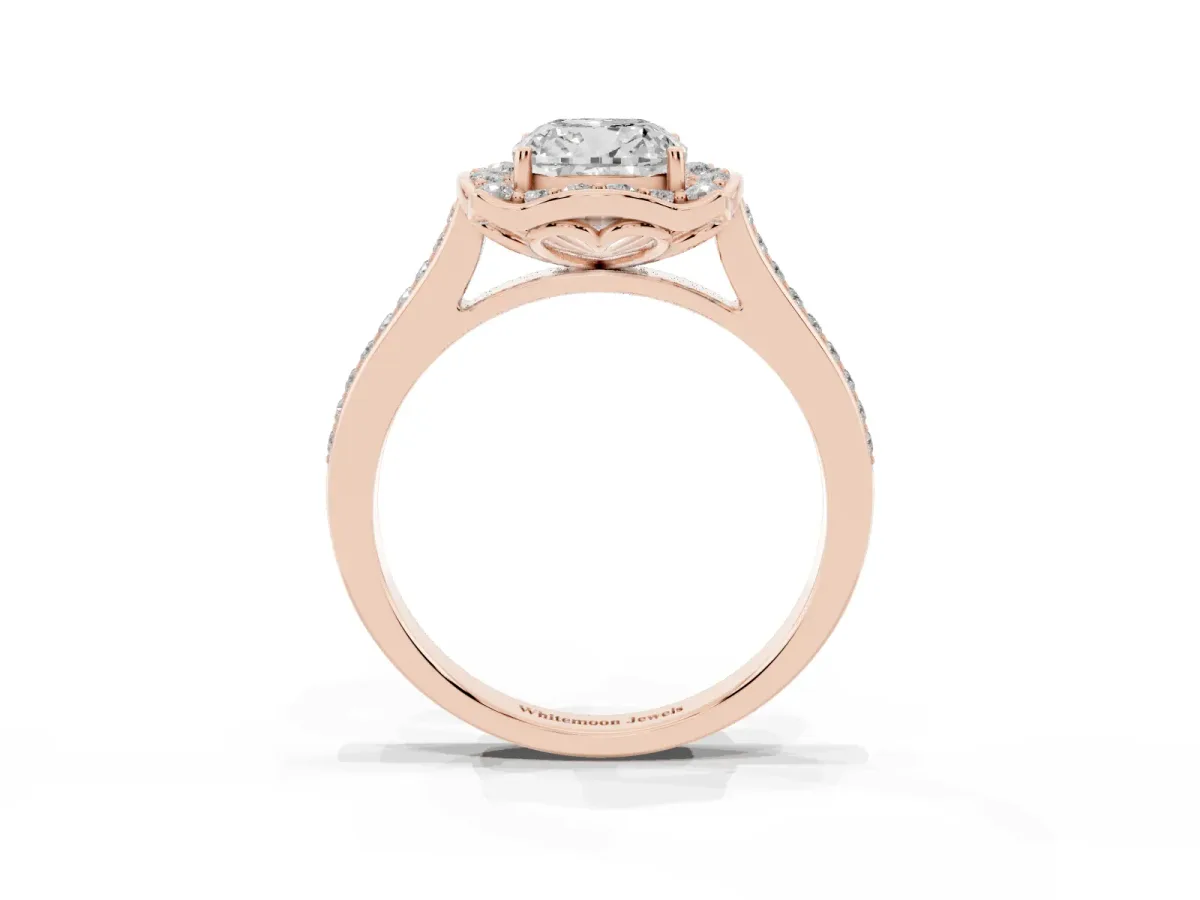 Cushion Cut Halo Round Diamond Pave Band with Four-Prong Setting Rose gold