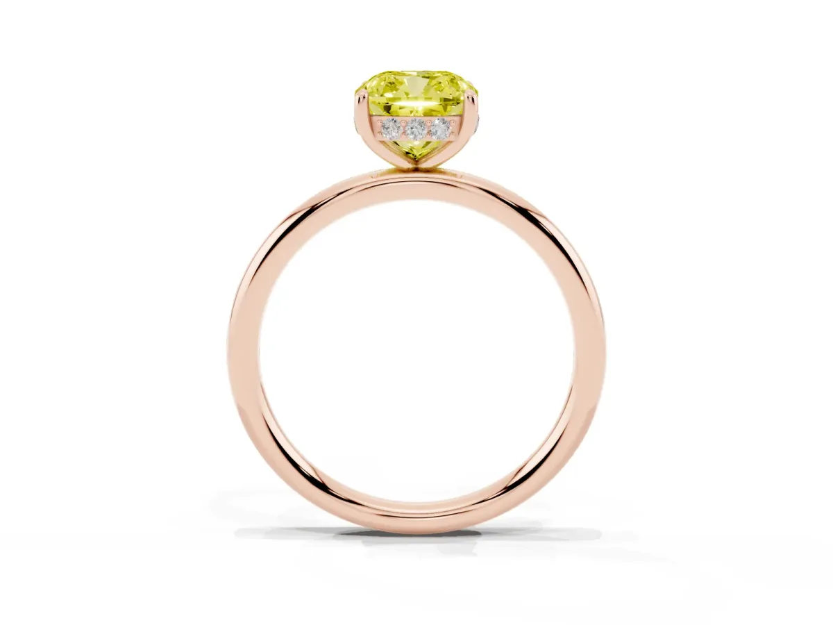 Fancy Yellow Cushion Cut Solitaire Diamond Ring with a Classic Band and Four-Prong Setting Rose gold