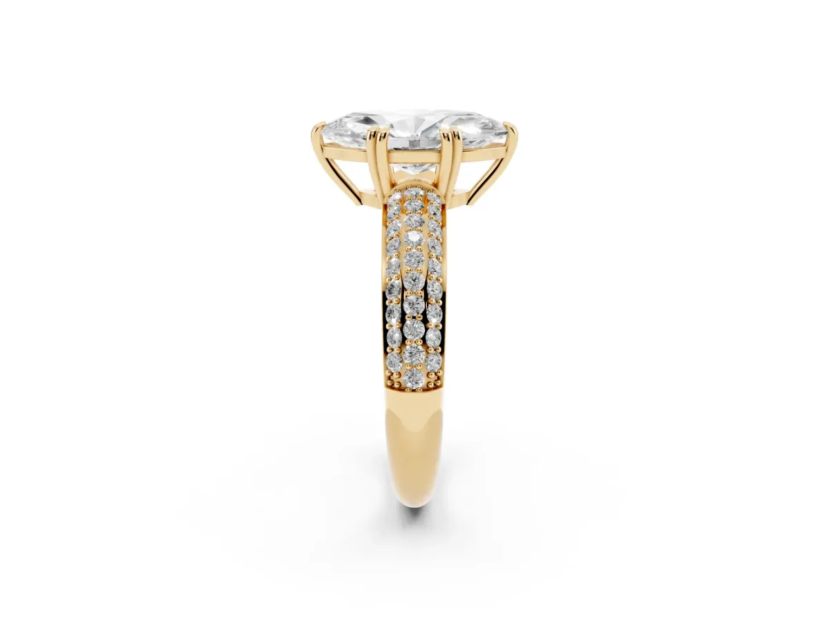 Marquise Cut Diamond Solitaire Ring with Multi-Row Round Pavé Band and Prong Setting Yellow gold