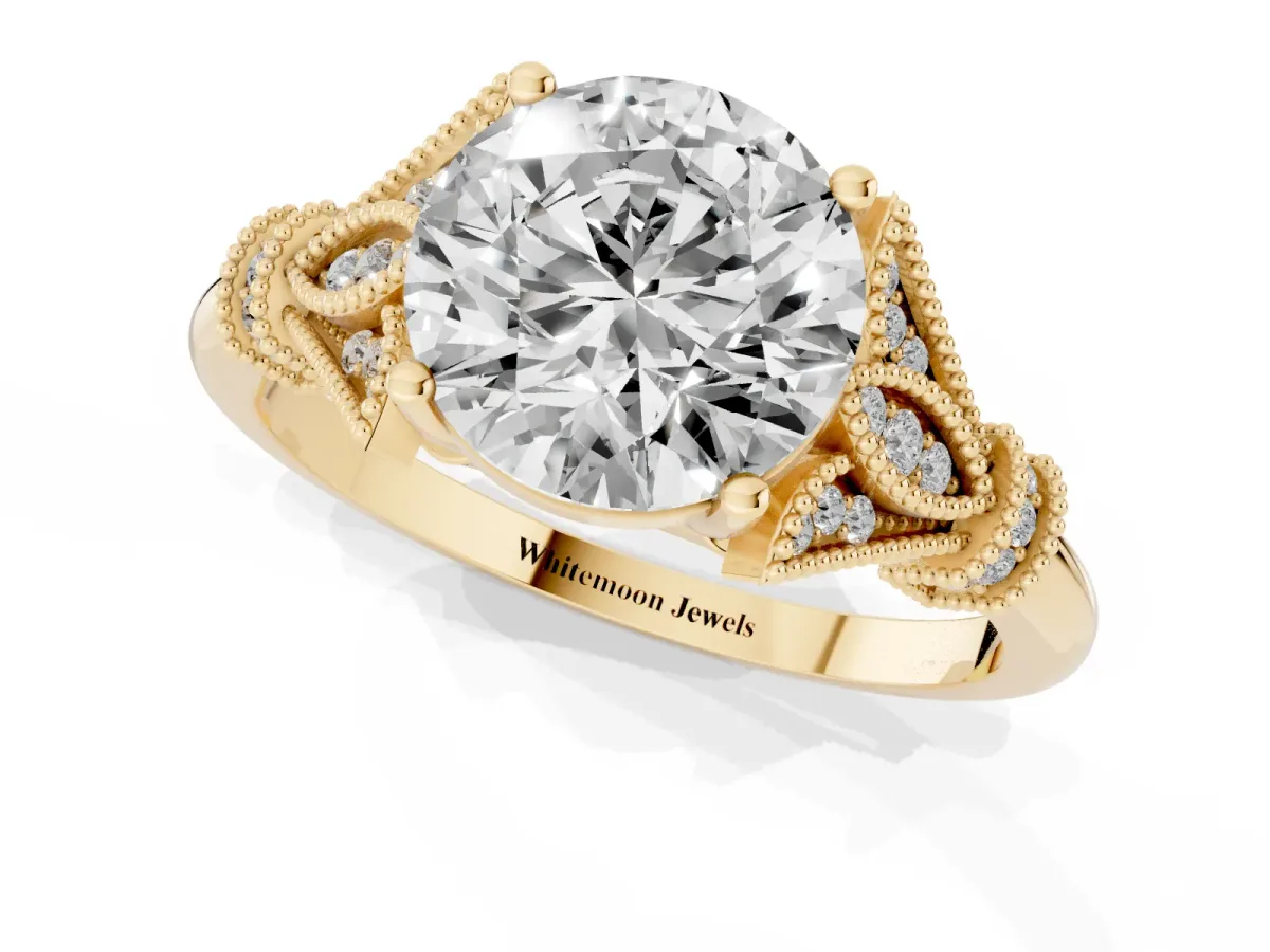 Round Cut Diamond Solitaire Ring with Floral Filigree and Pave Accents Yellow gold